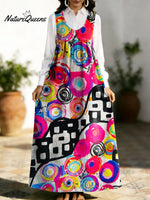 Women's Retro Geometry Colorful Square Pattern Art Print Casual Cotton Denim Dress