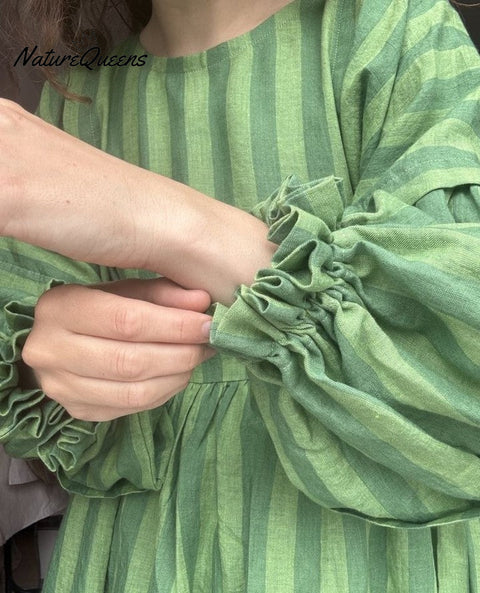 Women's Cotton And Linen Plaid Lantern Sleeve Dress