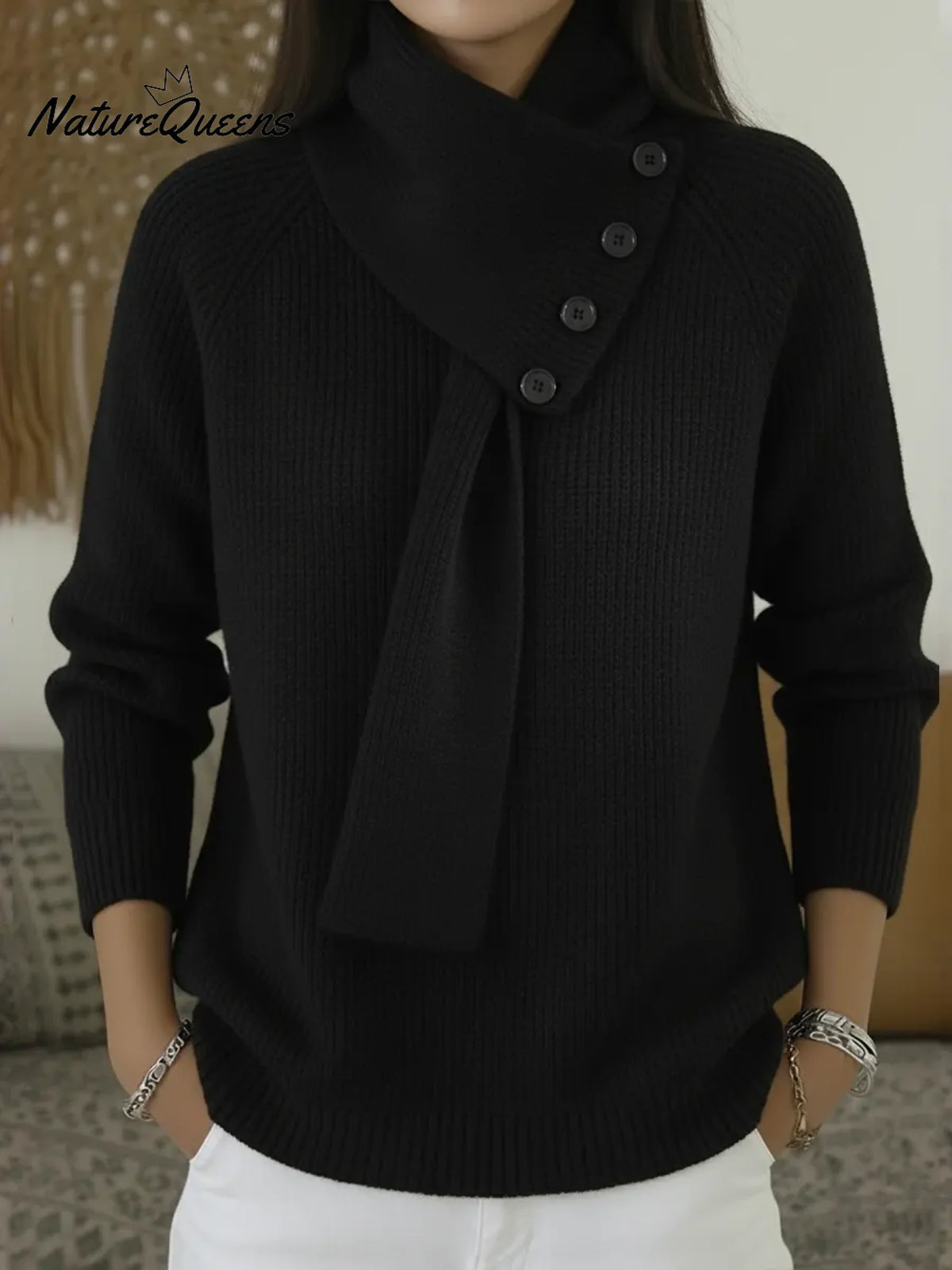 Women's Comfortable Pullover Sweater With Detachable Scarf.