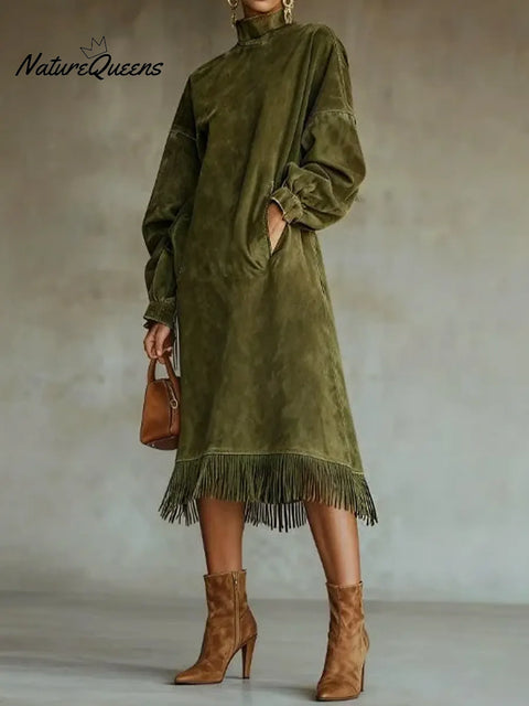 Women's Solid Color High-neck Long-sleeved Casual Loose Dress