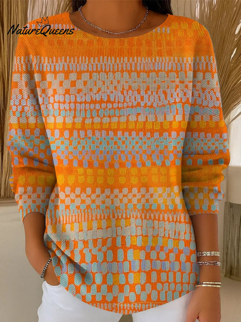 Women's Abstract Pattern Art Print Casual Cotton Knitted Sweater
