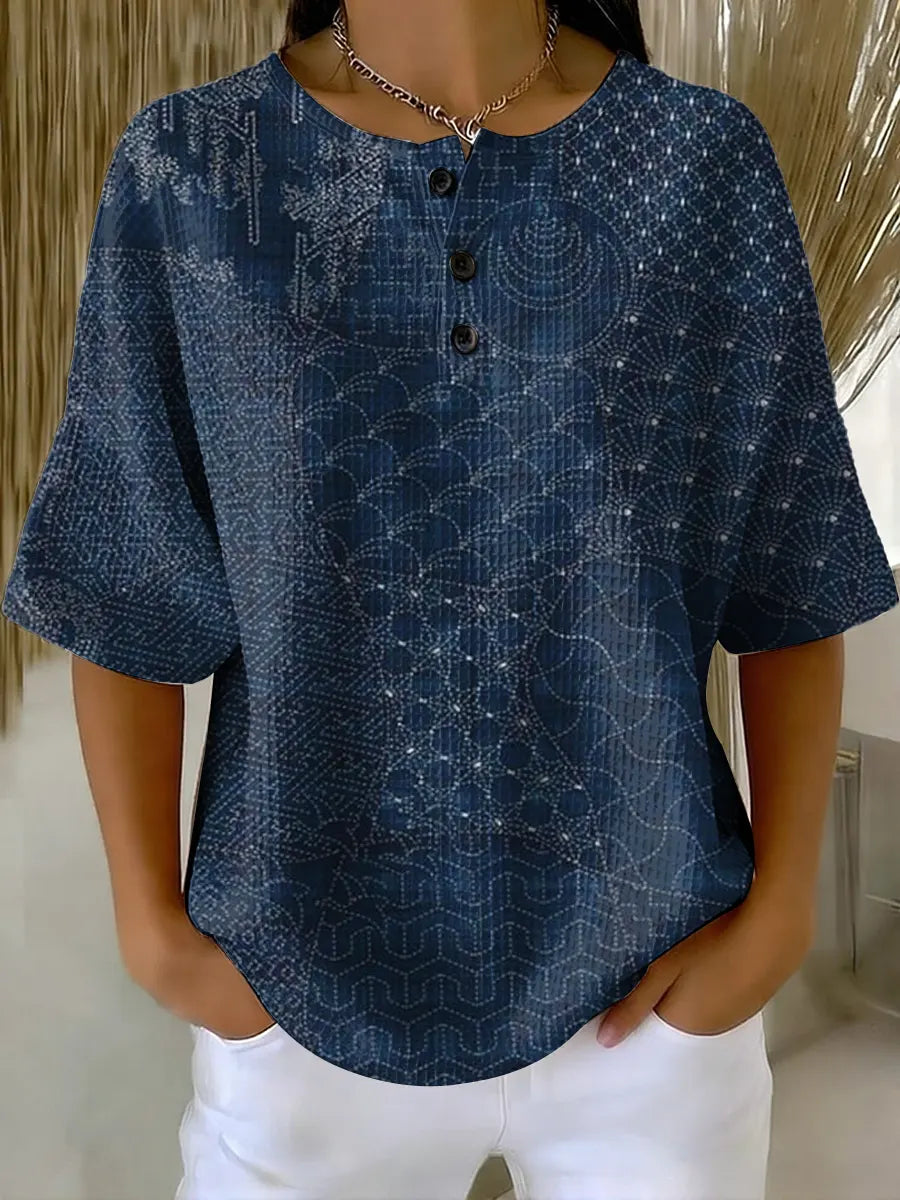 Women's Vintage Pattern Art Print Casual Waffle Cotton Shirt