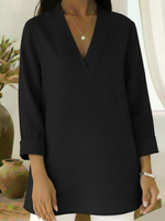 Elegant Pleated V-neck A-line Linen Top
