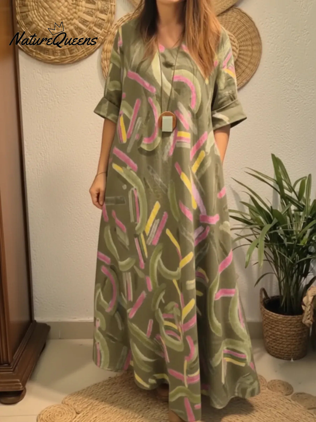 Artistic Colorful Brushstroke Print Loose Linen Dress