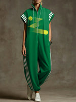 Women's Tennis Decorative Patterns Stand-collar Short-sleeved Casual Loose Cotton Wide-leg Jumpsuit