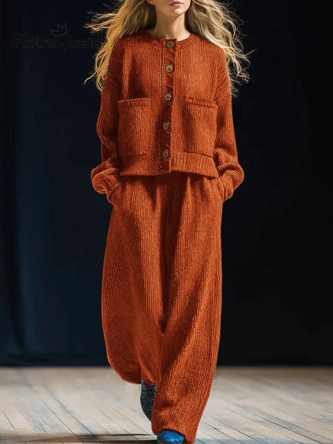 Women's Solid Color Round Neck Long Sleeve Casual Loose Knit Cardigan Elastic Waist Casual Loose Wide Leg Pants Set