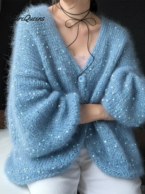 Dreamy V-neck Sequined Knit Cardigan Sweater