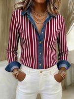 Casual Striped-panel Denim Long-sleeve Shirt