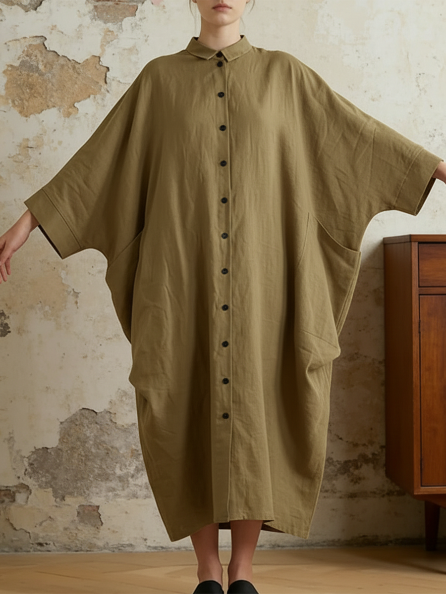 Casual Batwing Sleeve Cotton And Linen Dress