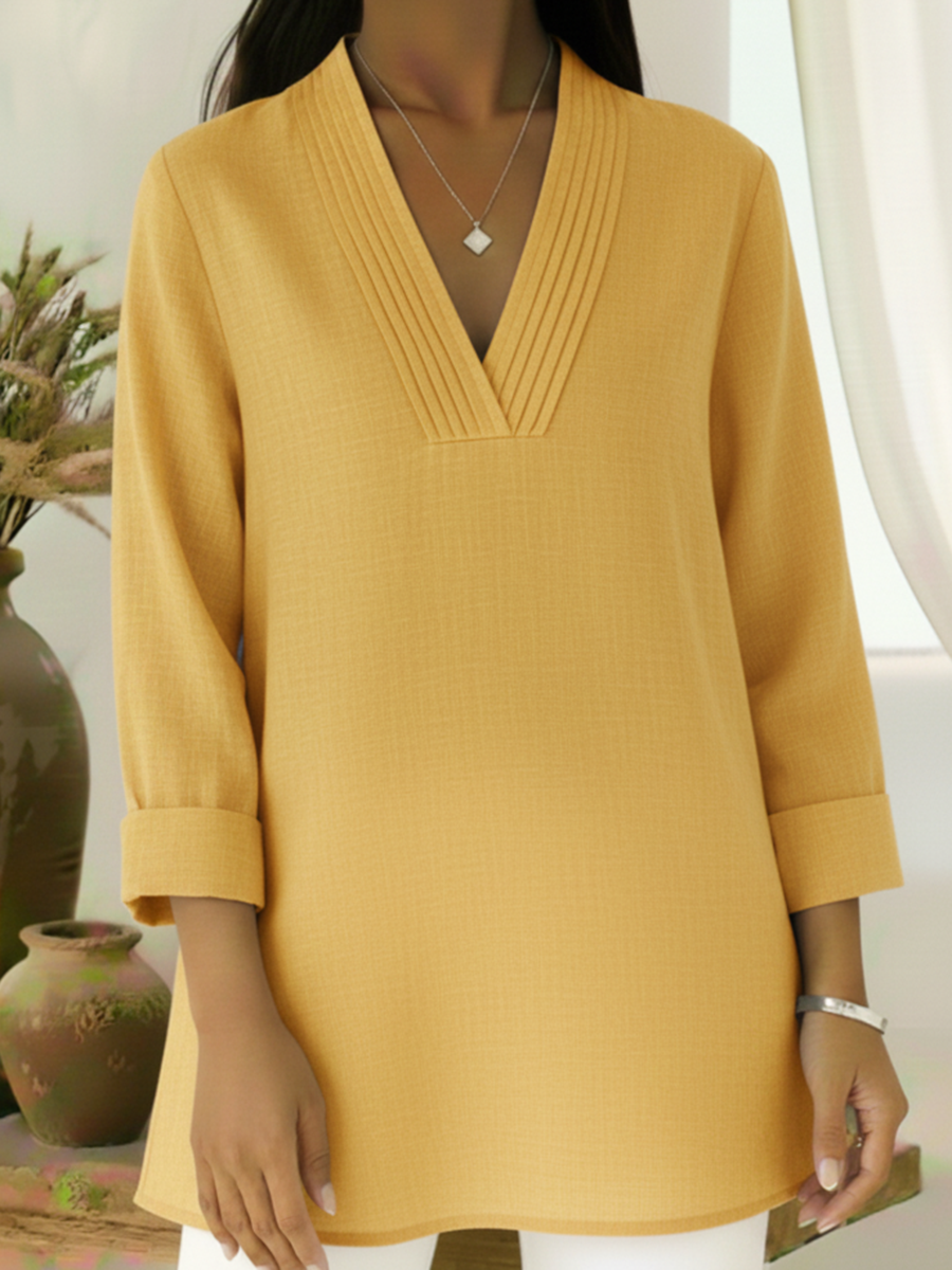 Elegant Pleated V-neck A-line Linen Top