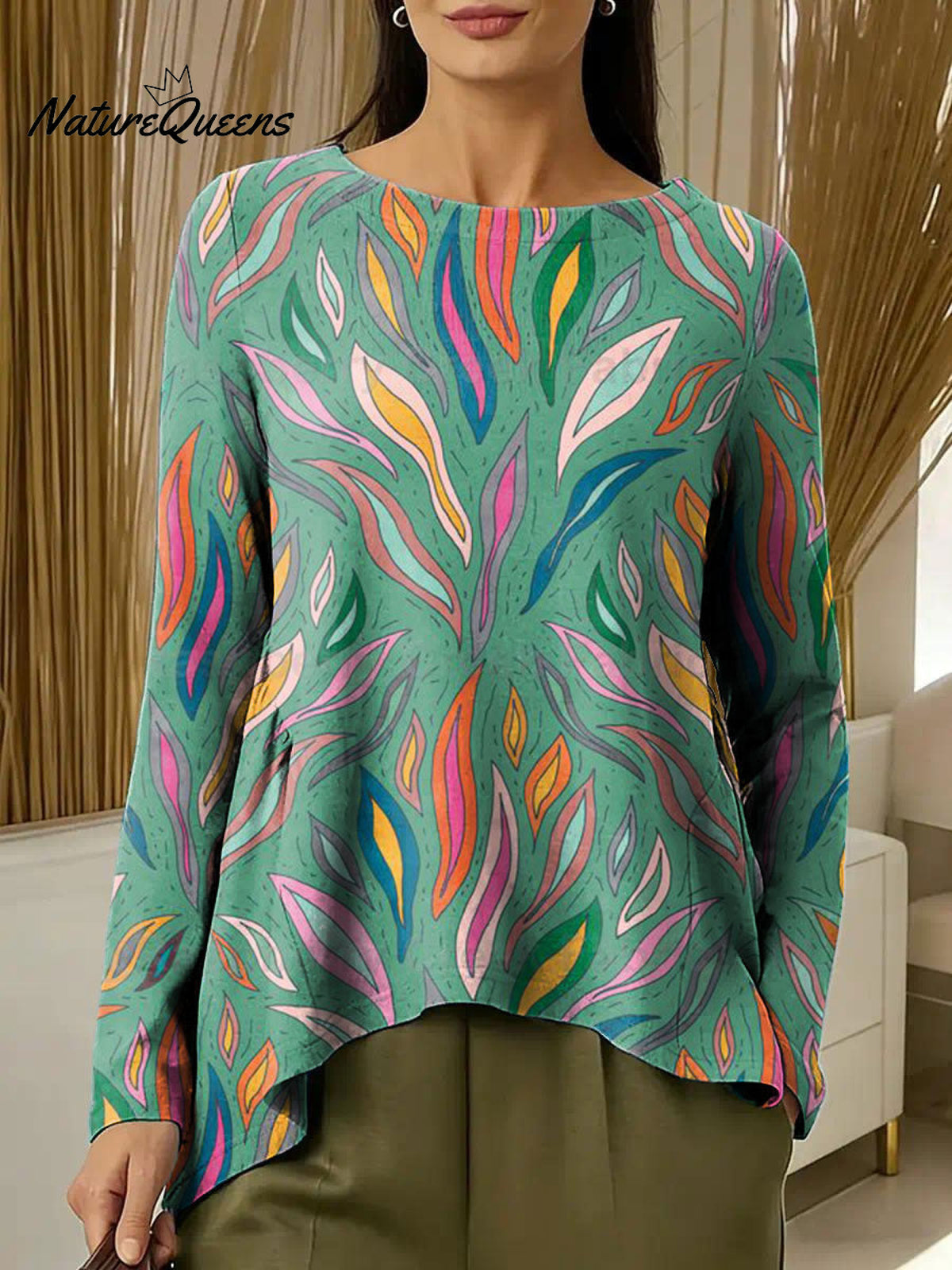 Women's Flowers Colorful Round Neck Casual Print Long-sleeved Ruched T-shirt