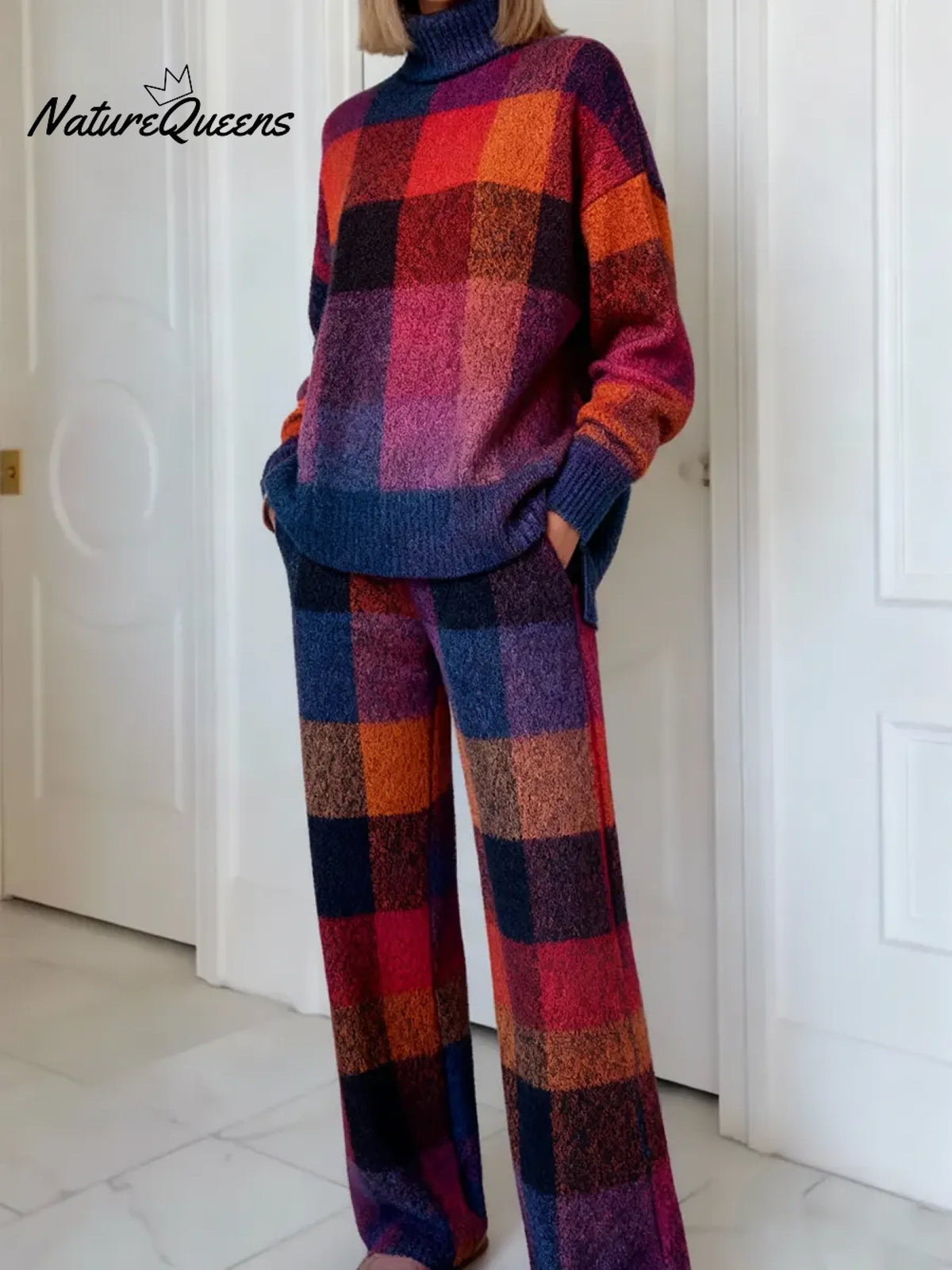 Women's Vintage PlaidArt Print Casual Knitted Cotton Top Pants Suit