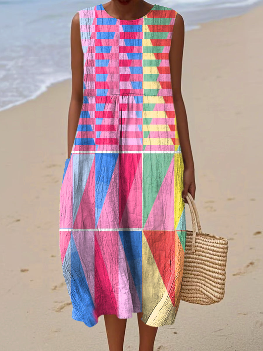 Women's Vintage Geometry Art Print Sleeveless Cotton Pocket Wrap Dress