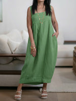 Women's New Spring Collection Square-neck Sleeveless Casual Loose Cotton And Linen Sundress.