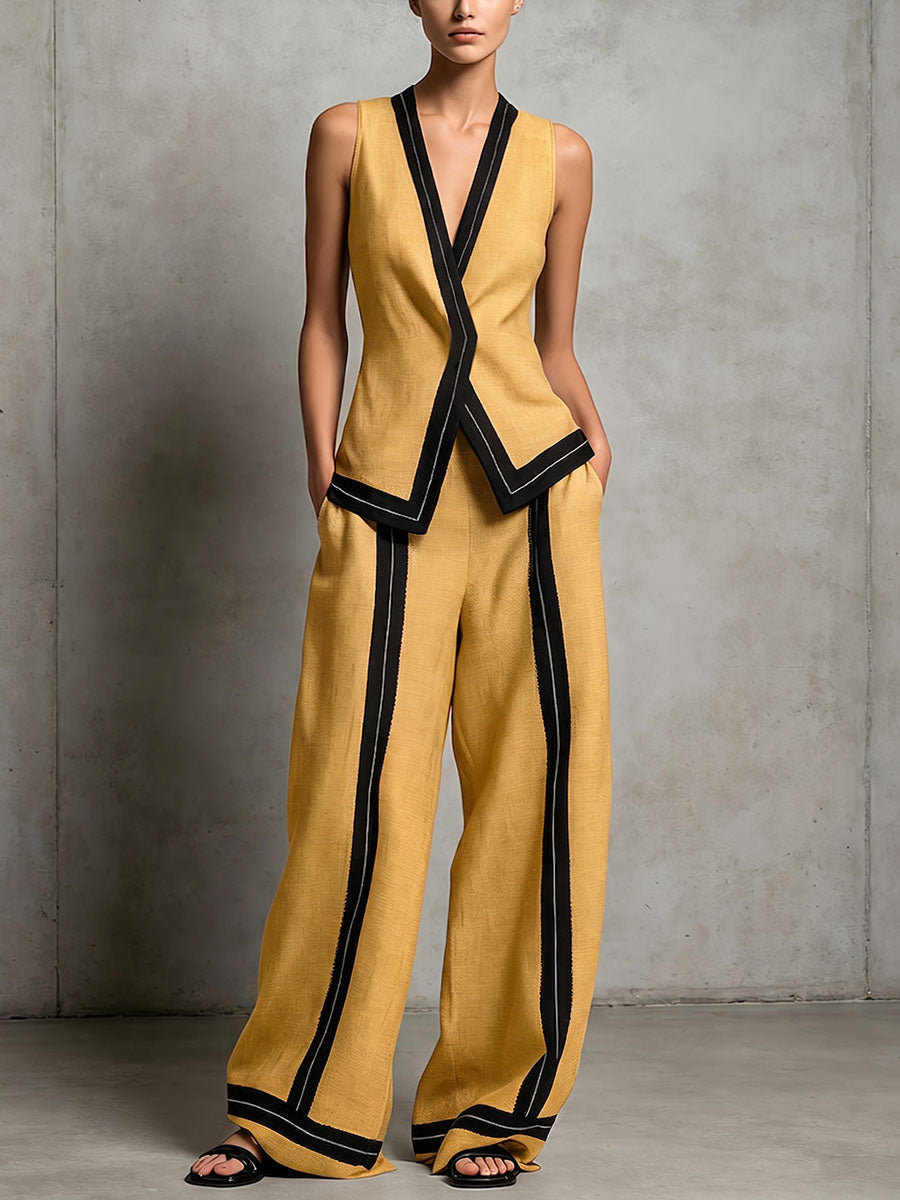 Women's Casual Loose Cotton-linen Set: V-neck Sleeveless Top & High-waisted Wide-leg Pants