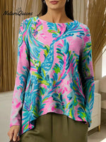 Women's Flowers Colorful Round Neck Casual Print Long-sleeved Ruched T-shirt
