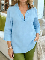 Women's Solid Color V-neck 3/4 Sleeve Casual Loose Cotton And Linen Top