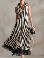 Fashionable Striped Chiffon Patchwork Sleeveless Linen Cotton Dress