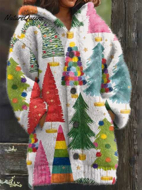 Women's Christmas Tree Art Print Casual Plush Warm Coat