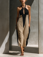 Minimalist & Elegant Color-block Cotton-linen Halter Midi Dress