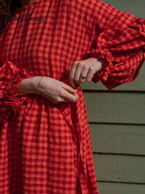 Women's Cotton And Linen Plaid Lantern Sleeve Dress