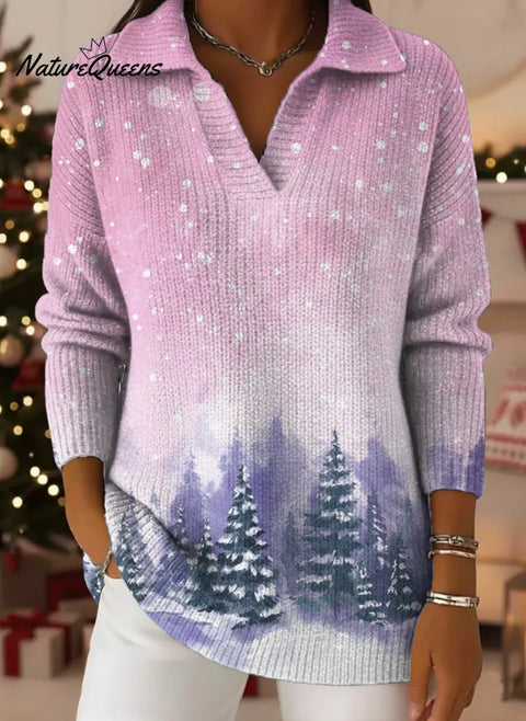 Women's Christmas Tree Pattern Art Print Casual Cotton Sweater