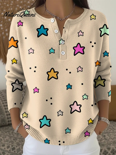 Stars Color Art Print Buttoned Cardigan Sweater