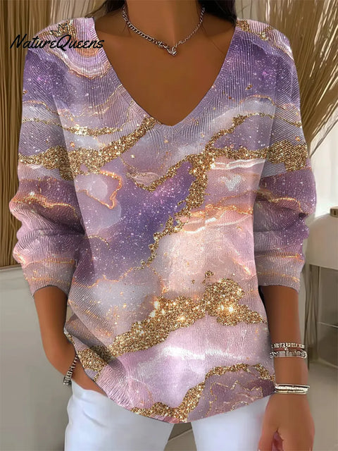 Women's Retro Marble Texture Art Print V-neck  Loose  Sweater