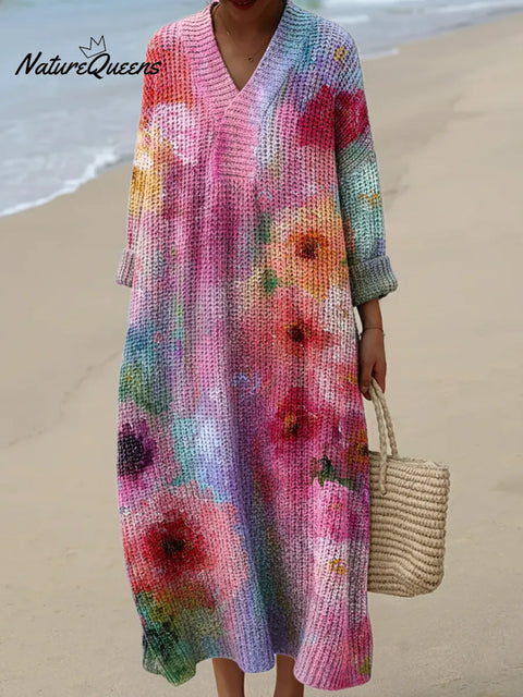 Women's Floral Art Print Casual Cotton Knitted Dress