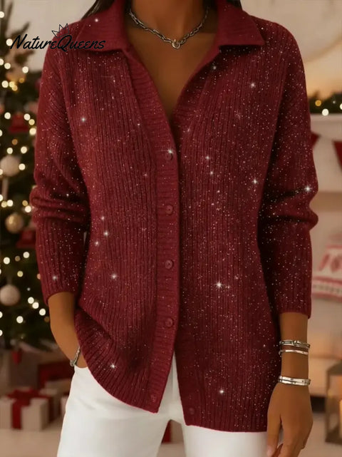 Women's Solid Color Shirt Collar Casual Loose Sequined Knit Cardigan