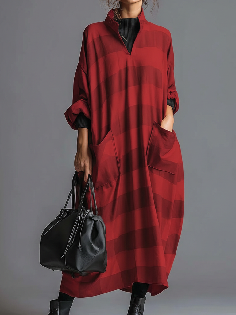 Cozy Plaid Print Loose-fitting Stand-collar Dress