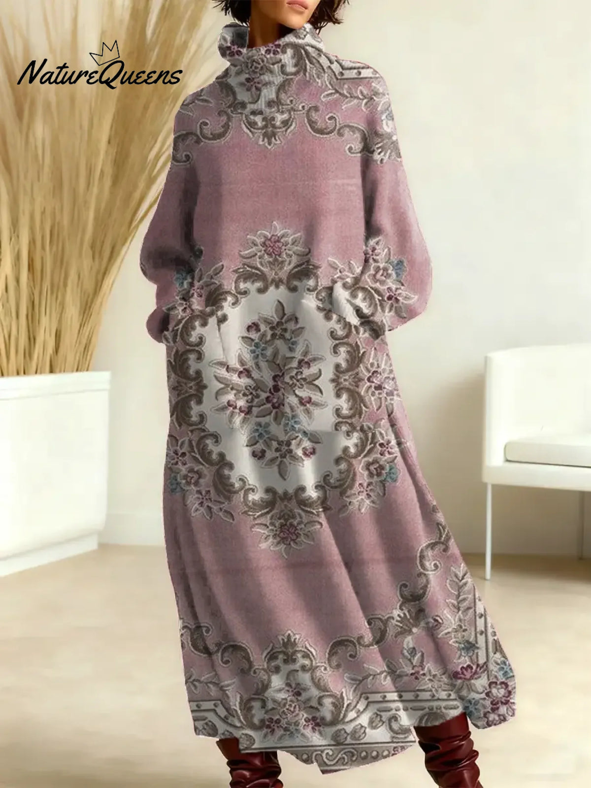 Women's Vintage Flower Art Print Casual Cotton Knitted Dress