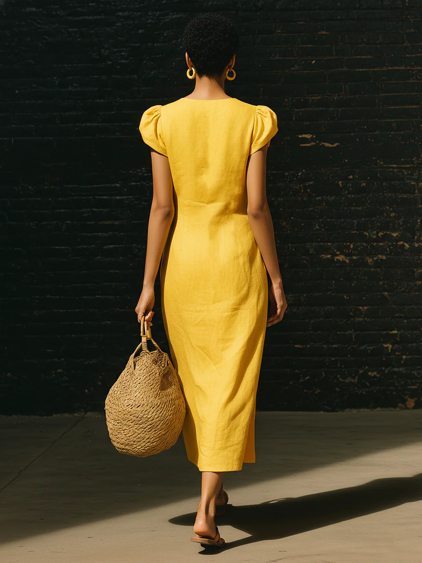 Elegant V-neck Button-up Linen Midi Dress