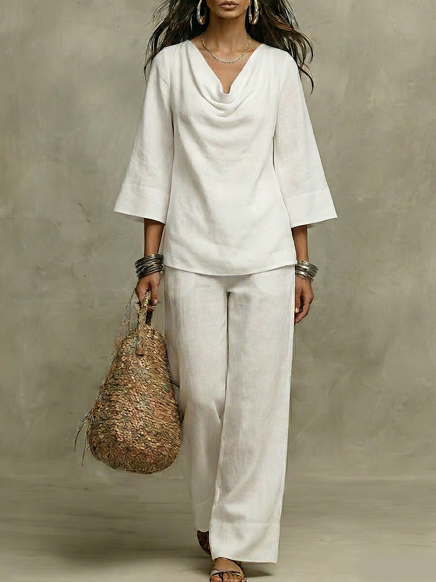 Loose-fit Cowl Neck Long-sleeve Cotton Linen Top And Pants