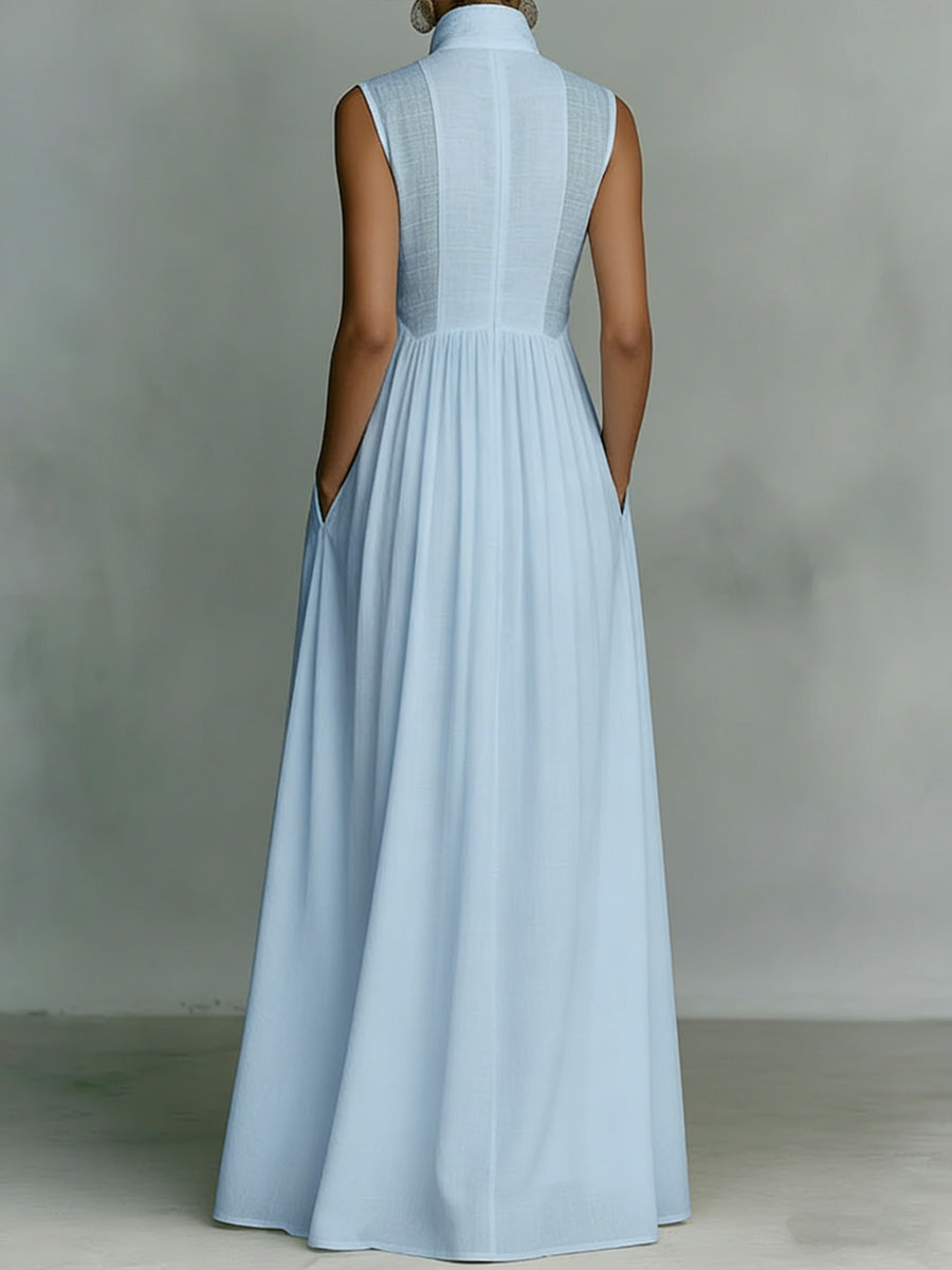 Women's Solid Color Stand Collar Sleeveless Casual Loose Cotton Linen Dress