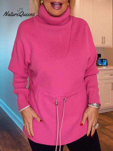 Women's Solid Color Turtleneck Long-sleeved Casual Loose Drawstring Top