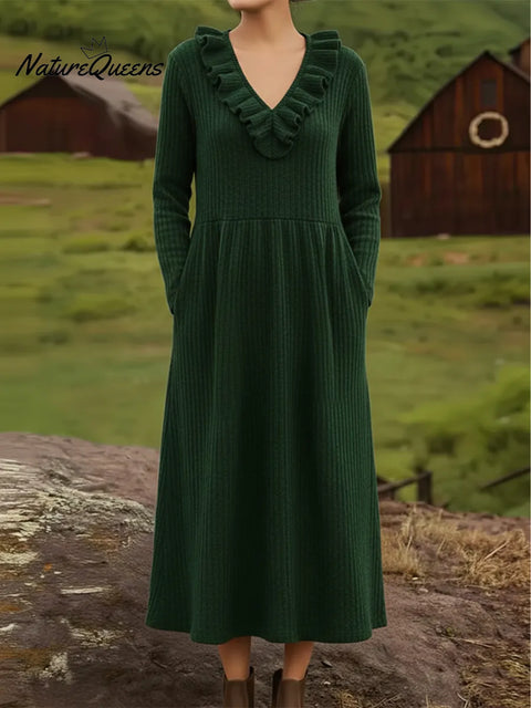 Retro Elegant V-neck Ruffled Knit Midi Dress
