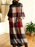 Women's Retro Colors And Plaid Patterns Art High-neck Long-sleeve Casual Loose Knit Dress