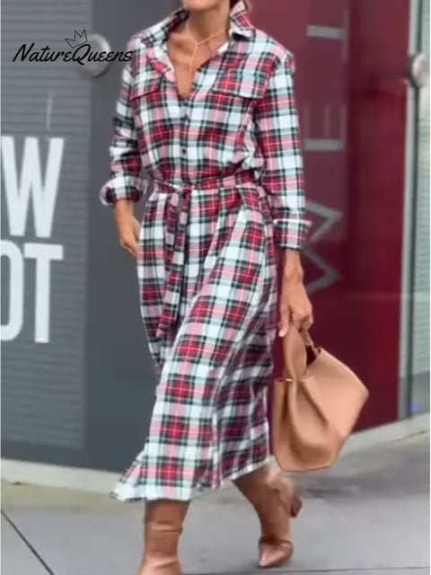 Women's Casual And Comfortable Plaid Cotton And Linen Shirt Dress