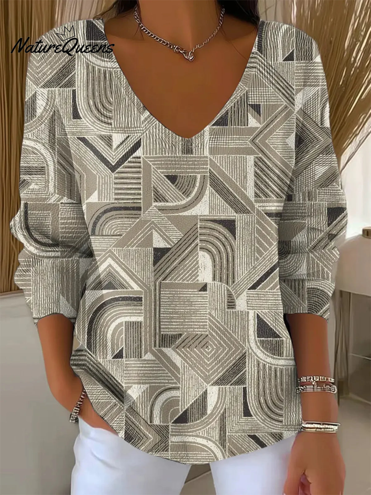 Women's Vintage Geometry Art Print V-neckLooseSweater