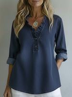 Casual Romantic Ruffled Collar Denim Shirt