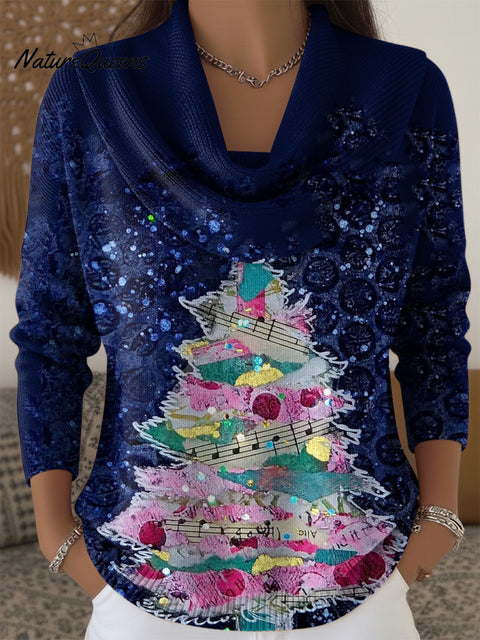 Women's Christmas Tree Pattern Art Print Cowl Neck Sweater