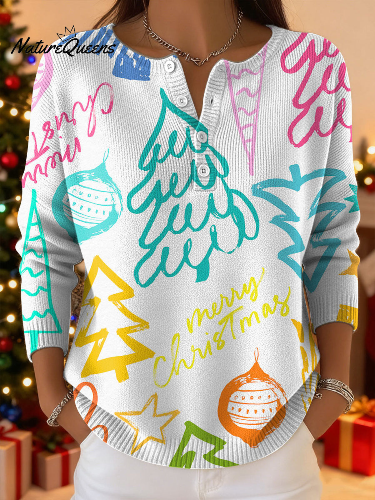 Women's Christmas Trees Pattern Art Print Buttoned Cardigan Sweater