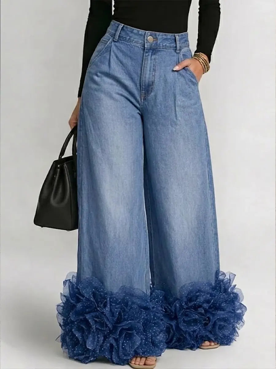 Women's Mesh Large Floral Wide-leg Jeans