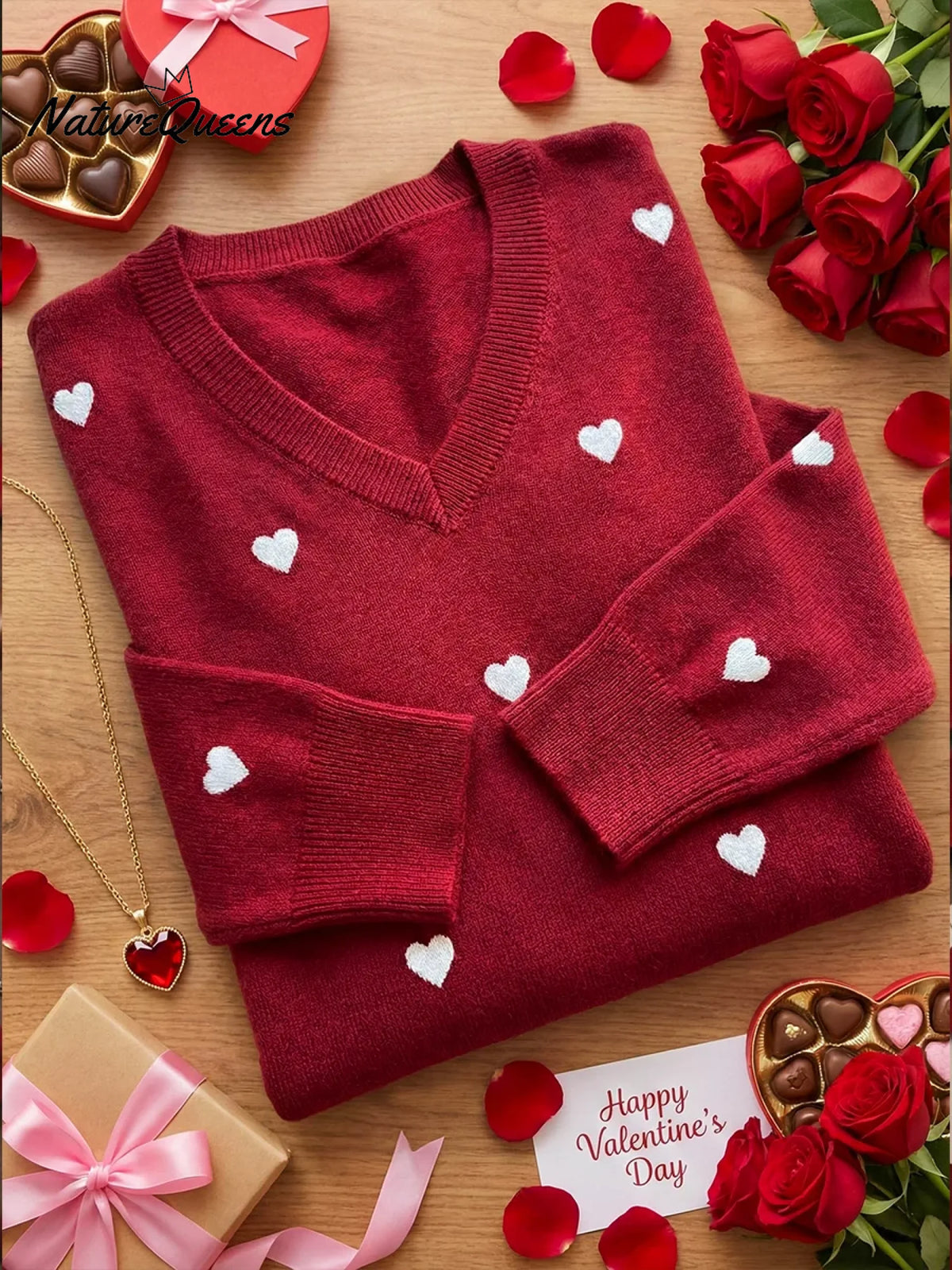 Women's Valentine's Day Heart Jacquard V-neck Long-sleeved Knit Sweater