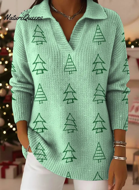 Women's Christmas Tree Art Print Casual Cotton Sweater