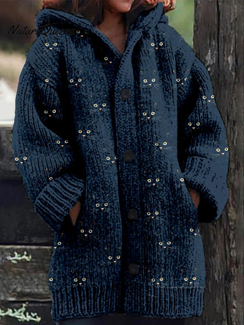 Women's Funny Cats Pattern Art Print Casual Fleece Coat