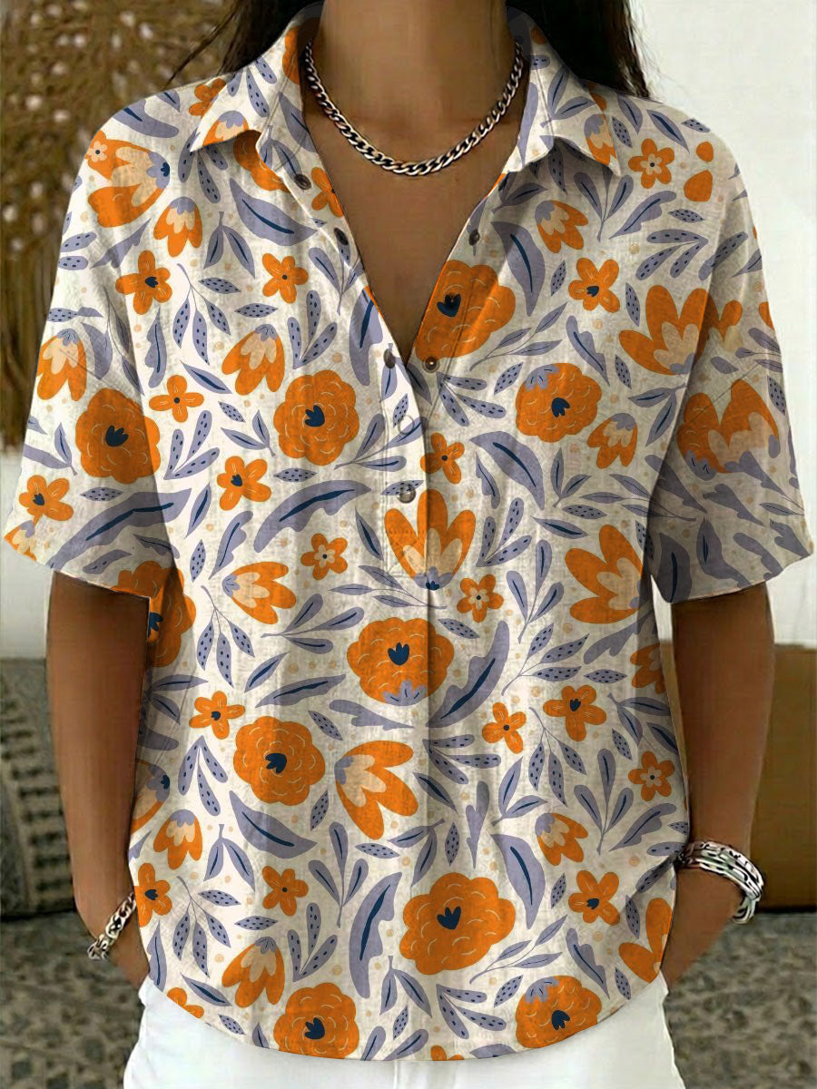 Women’s Flower Print Cotton Linen Polo Shirt