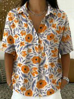 Women’s Flower Print Cotton Linen Polo Shirt