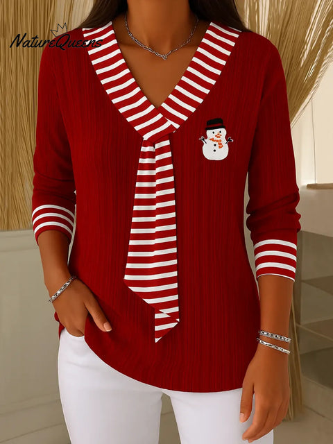 Women's Striped Stitching Print V-Neck Long Sleeve Knit Top